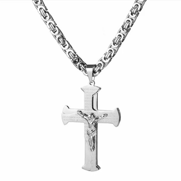 Jesus Crucifix Cross Necklace For Men Silver Color Stainless Steel Byzanine - Picture 2 of 6